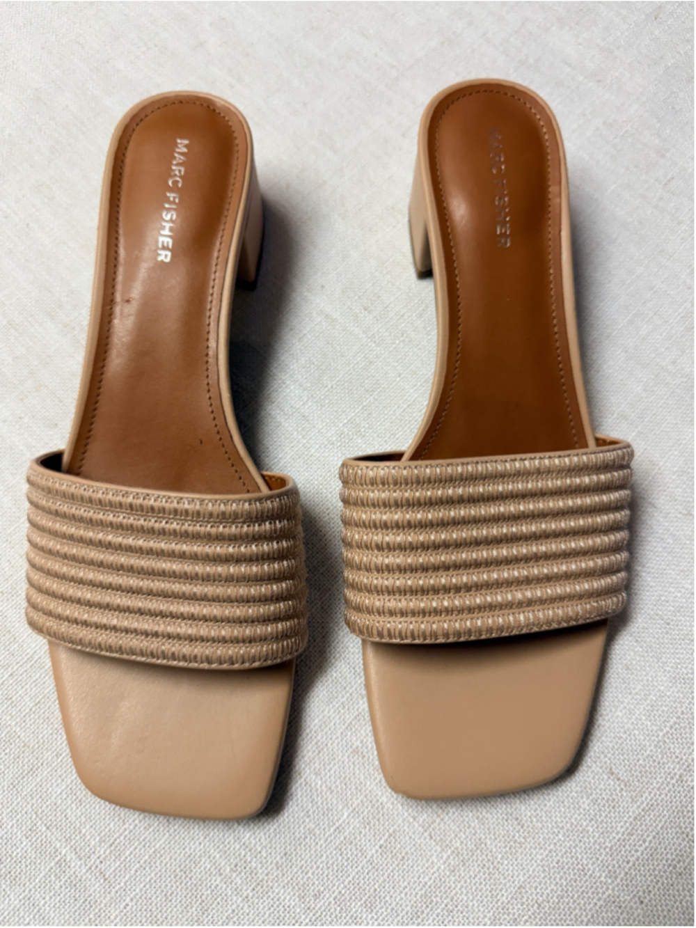 Marc Fisher Woven Ribbed Slide Block Heel Sandals Nude Beige 9.5M